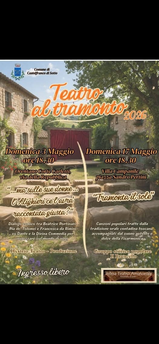 Teatro al tramonto 2026: spettacoli gratuiti a Orentano e Villa Campanile