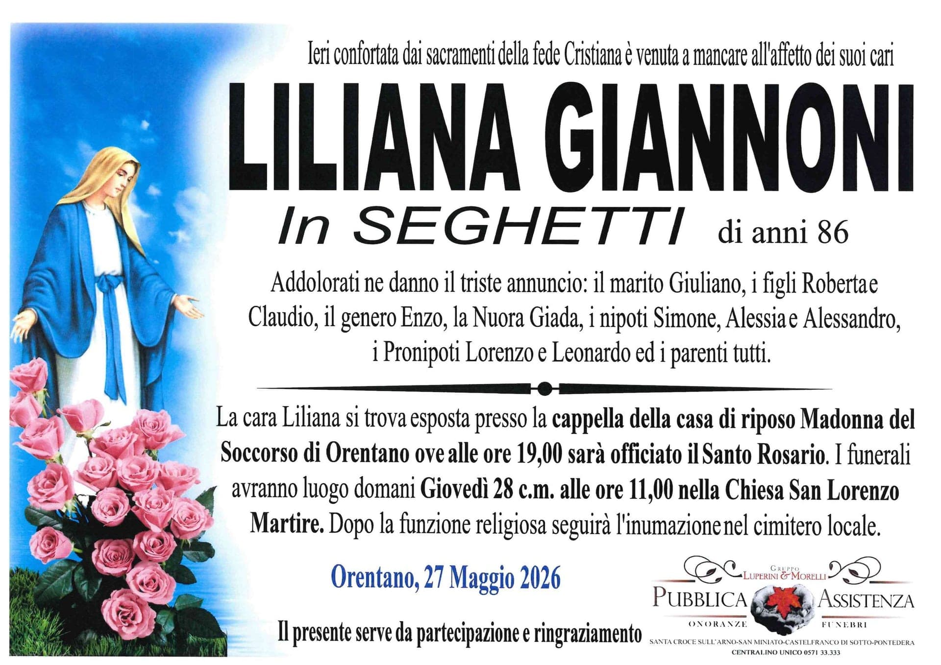 Orentano piange Liliana Giannoni in Seghetti