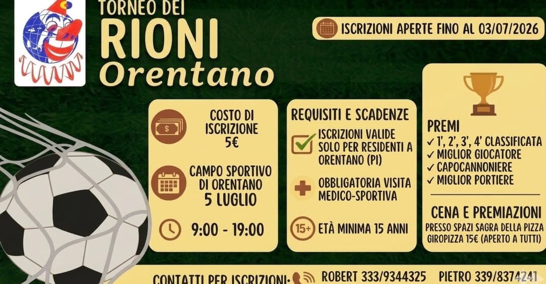 Orentano: Torneo dei Rioni il 5 luglio