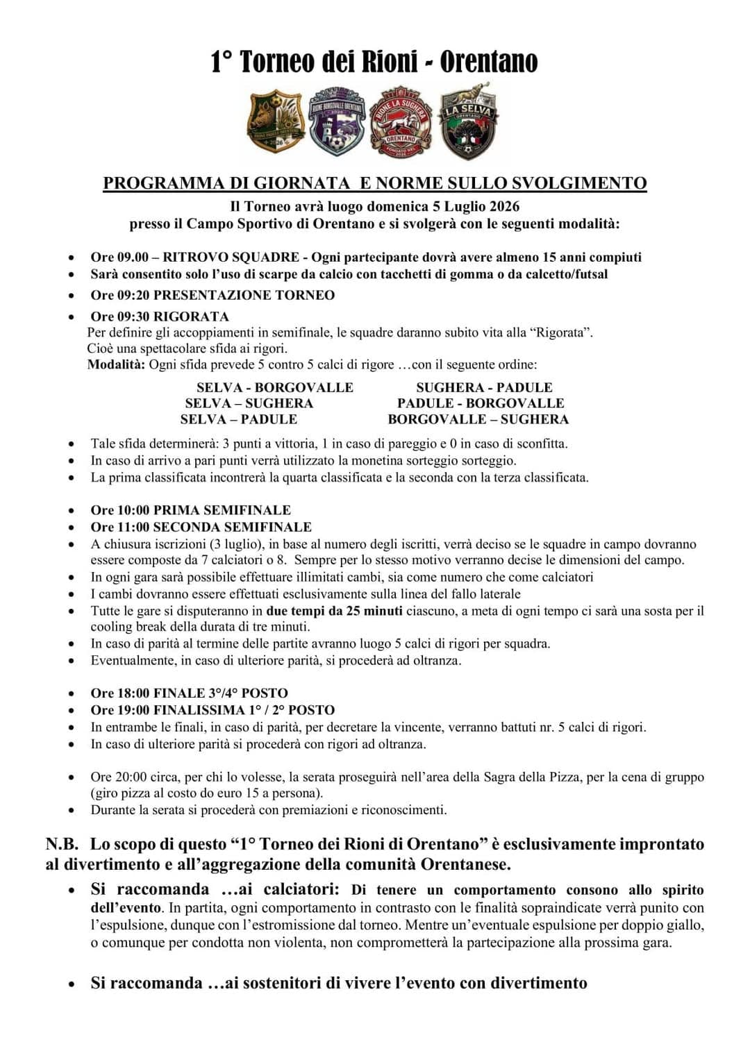 Programma e Regolamento del 1° Torneo dei Rioni di Orentano