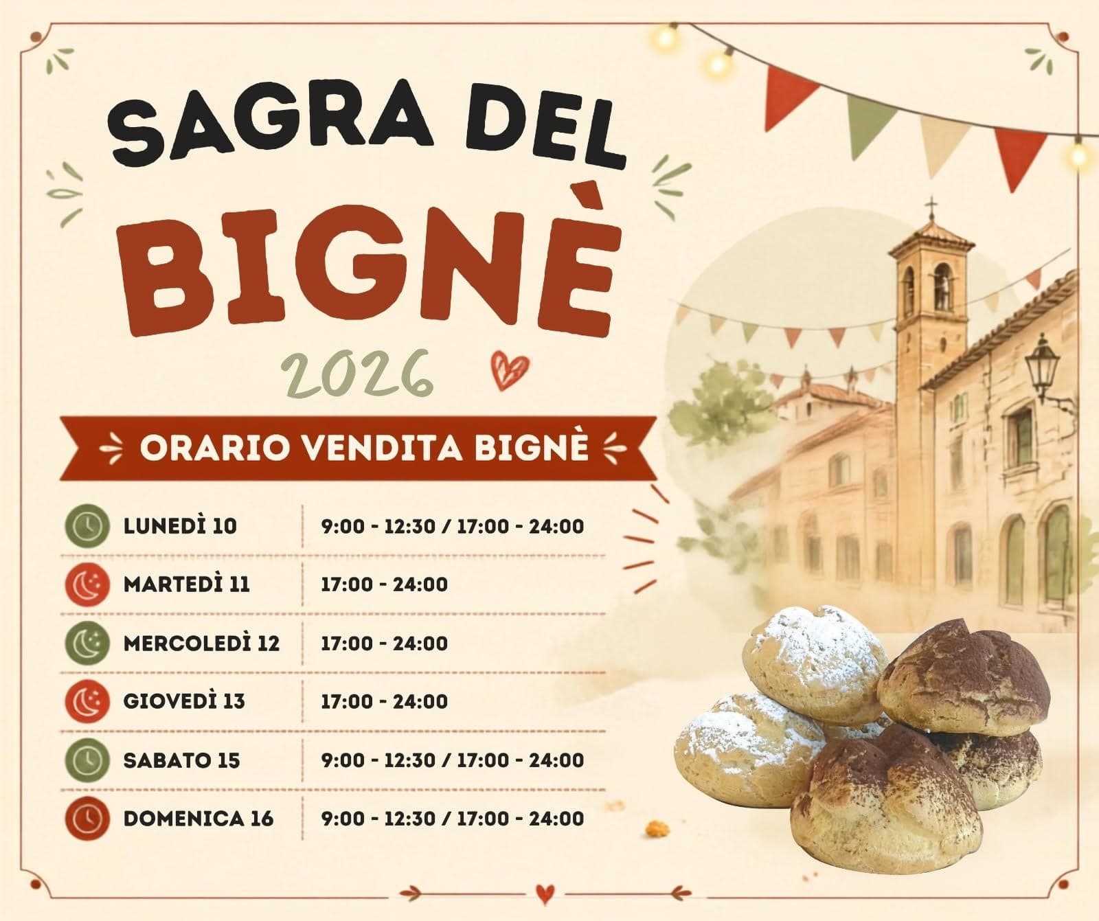 Sagra del Bignè 2026 a Orentano: pubblicati gli orari degli stand