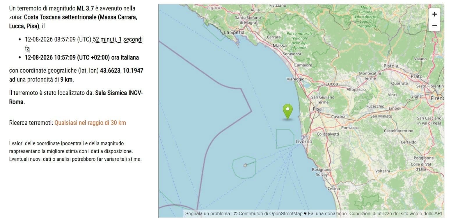 Terremoto M 3.7 al largo della Costa Toscana settentrionale
