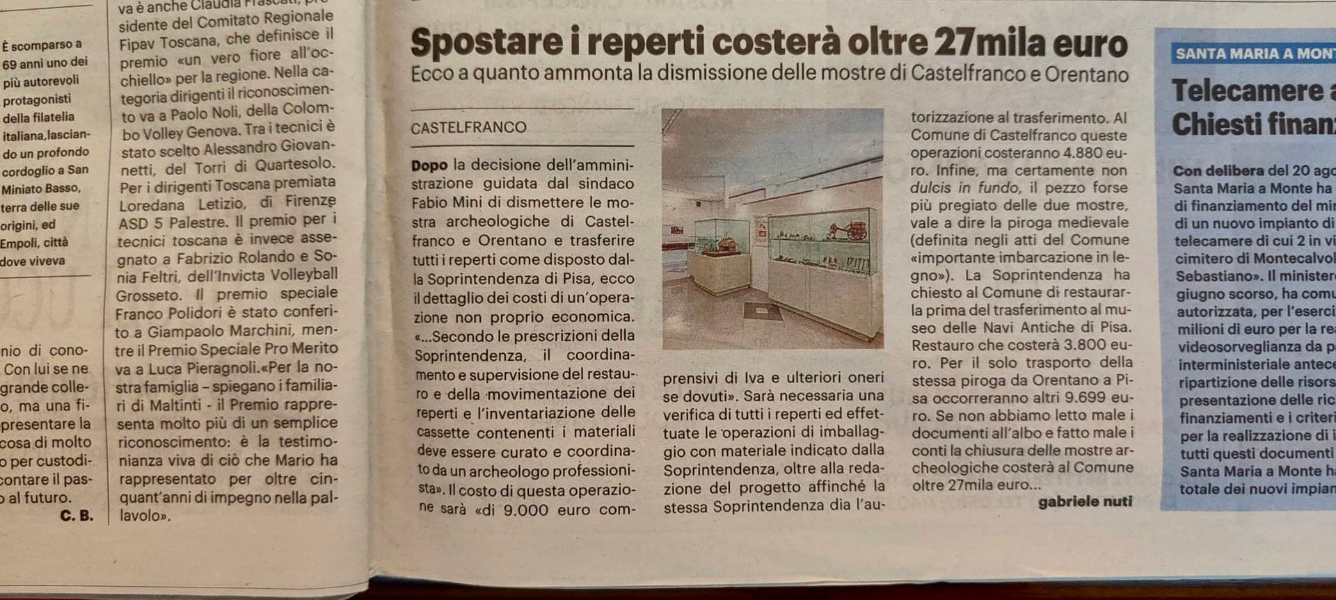 Orentano: 27.000 euro per spostare reperti e smantellare mostre