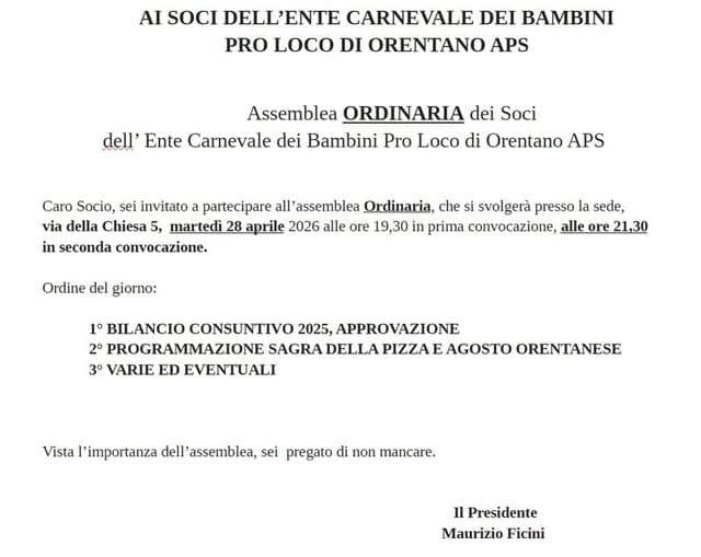 Ente Carnevale: Convocazione Assemblea Ordinaria dei Soci