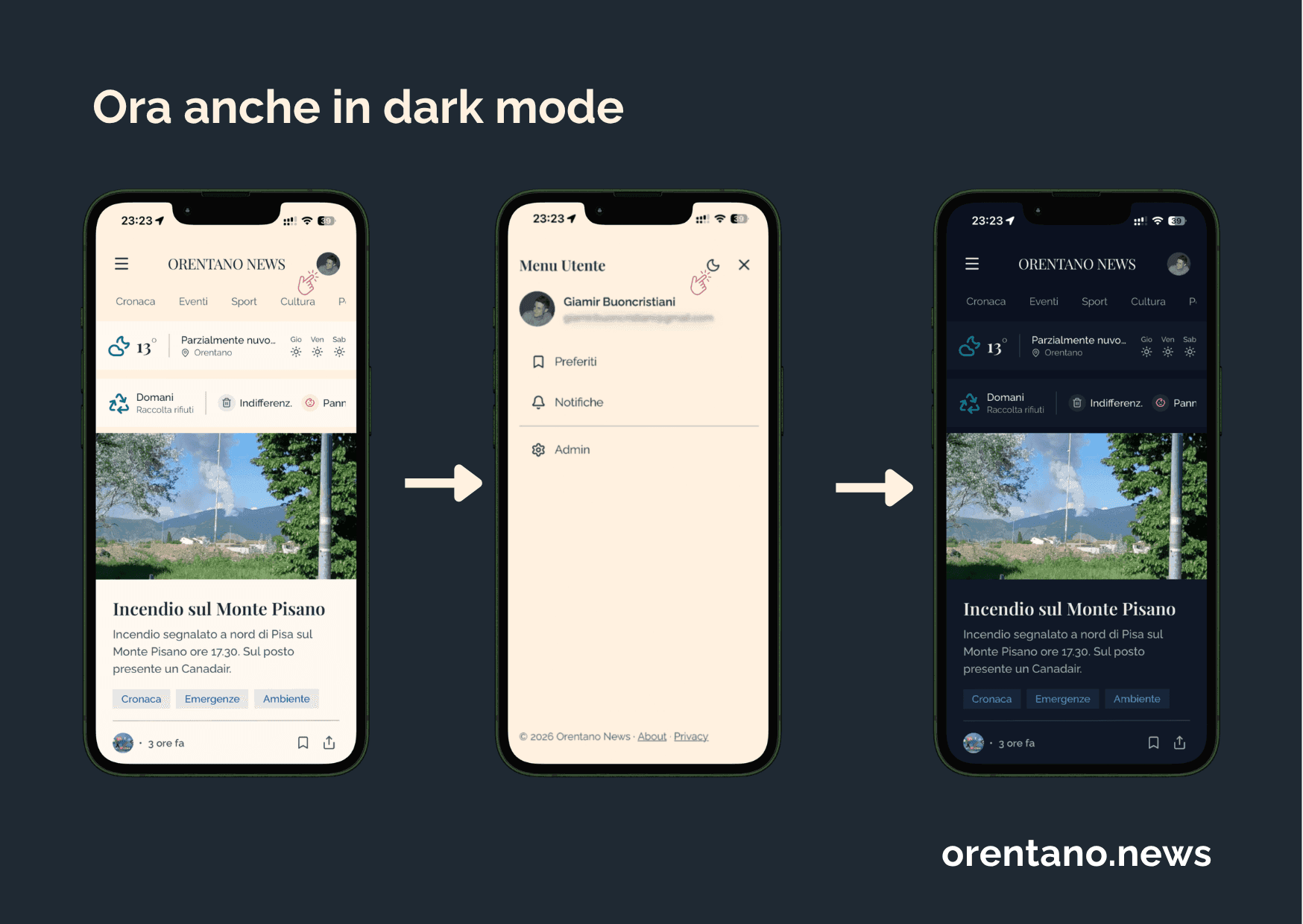 Nuova modalità scura per Orentano News