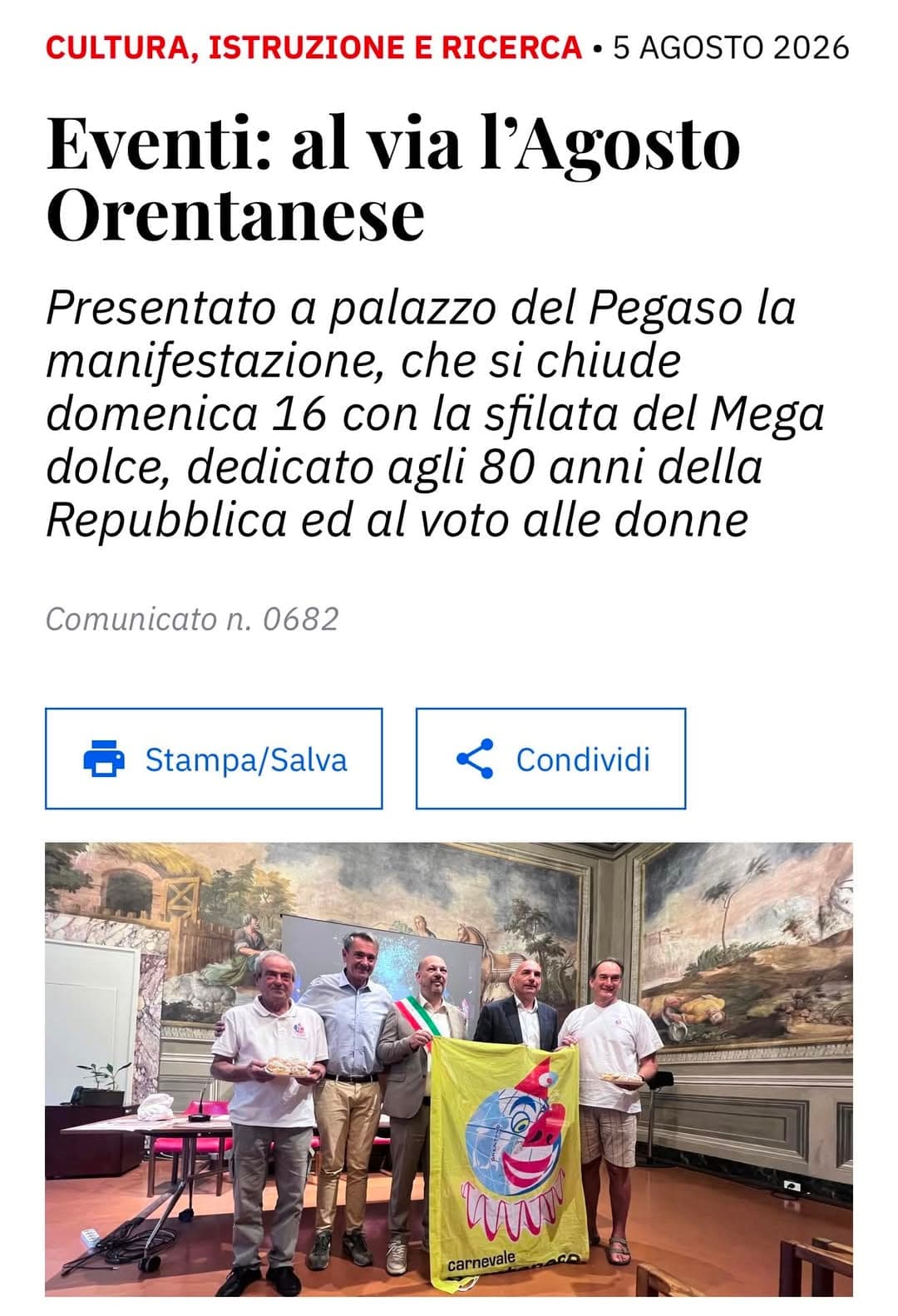 Agosto Orentanese al via: celebrazioni per l'80° della Repubblica
