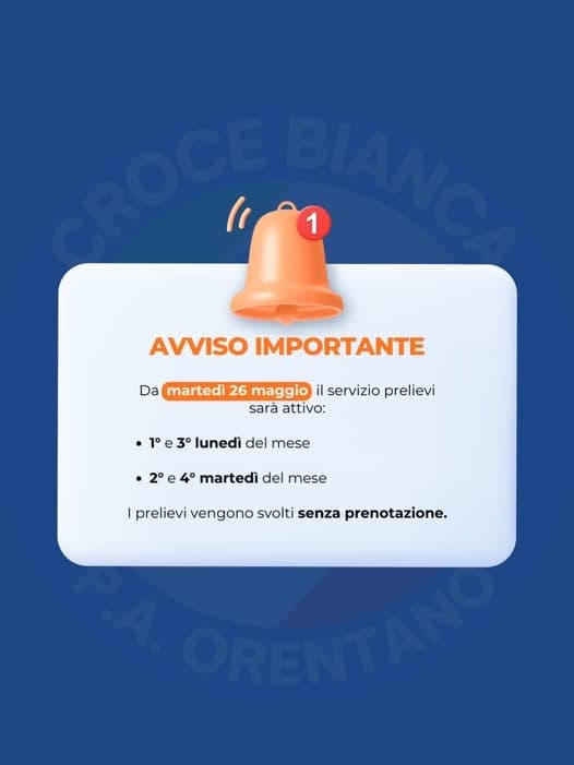 Croce Bianca Orentano: prelievi, nuovi giorni disponibili senza prenotazione